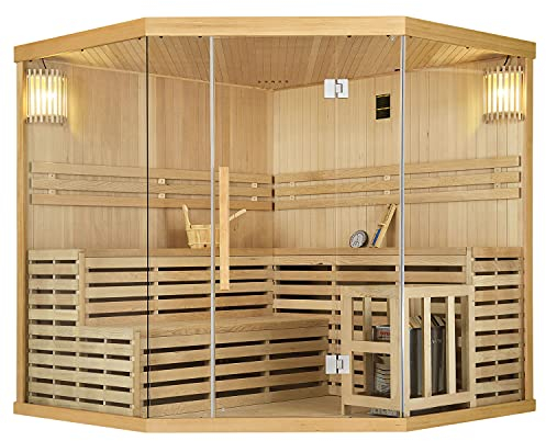 Artsauna Saunakabine Espoo 200 Premium mit Harvia Ofen — 5 Personen — Hemlock Holz, Glasfront und LED Licht — Inkl. Thermometer & Sanduhr —Komplett Set