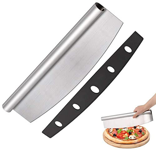 Pizzaschneider scharf, Wiegemesser, Kräuter- und Pizza Schneider, groß Pizza Cutter aus Edelstahl, scharfer Pizzamesser mit Loch zum Aufhängen, Pizzateiler mit Klingenschutz, Universalmesser