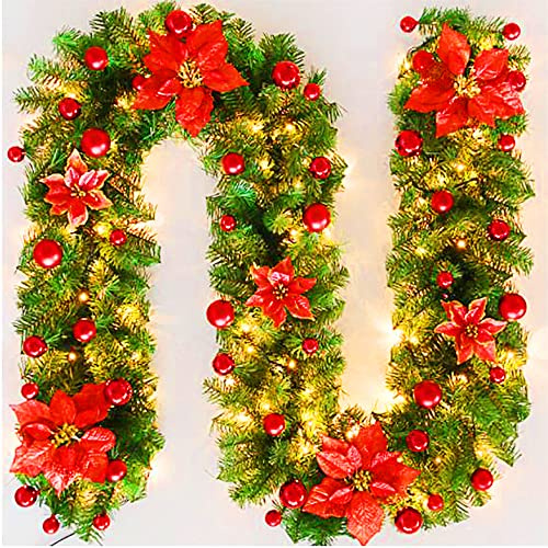 Tannengirlande Weihnachtsgirlande mit Beleuchtung, Girlande Weihnachten Beleuchtet Echt Aussehend, LED Künstliche Tannengirlande, Türgirlande Weihnachten Batterie, Hochwertige Treppengeländer Rot