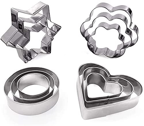 Set of 12 Cookie Cutters, Pastry Cutters, Mould for Biscuit Cutters, Hearts, Flowers, Stars and Circles Decoration