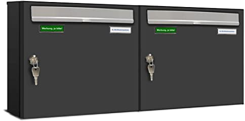 AL Briefkastensysteme Basic 2er Briefkasten RAL 7016 Anthrazit Grau/Einwurfklappe RAL 9006 Weiß Aluminium 2 Fach DIN A4 wetterfest mit Posthaltebügel und 2 Namensschildern