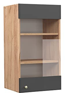 Vicco Küchenglasschrank Fame-Line, Anthrazit-Gold, 40 cm | MDF-Front · Soft-Close · Tiefe – 34,1 cm · Metallgriffe · ✓ Frei kombinierbar