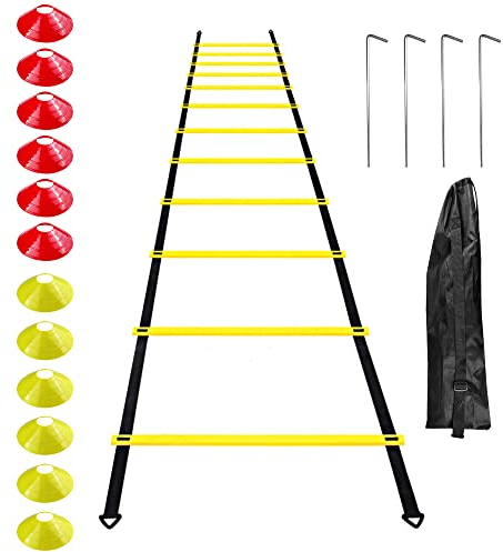 Gvolatee Accessoires d'entraînement de Football échelle de Coordination échelle d'entraînement, échelles de Coordination avec 12 cônes 4 poteaux Ensemble d'entraînement de Football