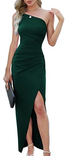 Sarin Mathews Womens One Shoulder Long Formal Dress Sexy Summer Sleeveless Bodycon Ruched Wrap Split Cocktail Dresses DrakGreen S