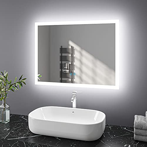 Finmrys Badspiegel mit Beleuchtung 80x60 cm LED Spiegel Bad mit Touch-Schalter Beschlagfrei Badezimmerspiegel Dimmbar Beleuchtet Kaltweiß Warmweiß Horizontal Vertikal（31.5x23.62 Inch）