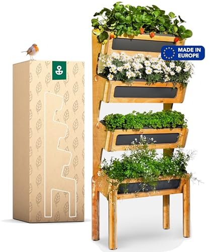 Bloomify® vertikales Hochbeet mit 4 Etagen aus Birken-Schichtholz – Aufbau ohne Schrauben – inkl. 4 rausnehmbarer Pflanzkästen – schmales Vertikalbeet für Balkon, Terasse & Garten