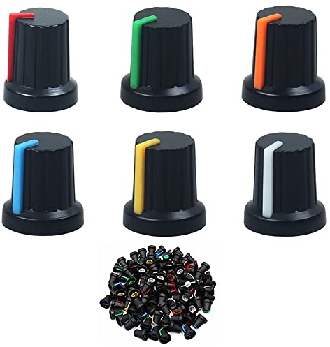 Xiatiaosann 60 Stück Potentiometer-Reglerknopf 6 mm Rändelwelle Loch Potentiometer Lautstärkeregler Drehknopfkappe 15 x 15 mm in 6 Farben