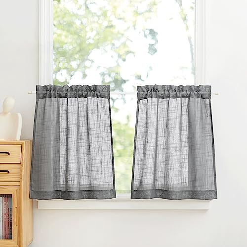 PONY DANCE Küchengardinen 2er Set Scheibengardinen Kurz Dunkelgraue Gardinen Halbtransparent B 60 x H 45 cm Leinenoptik Vorhänge Fenster Kurzgardine Küche mit Stangedurchzug