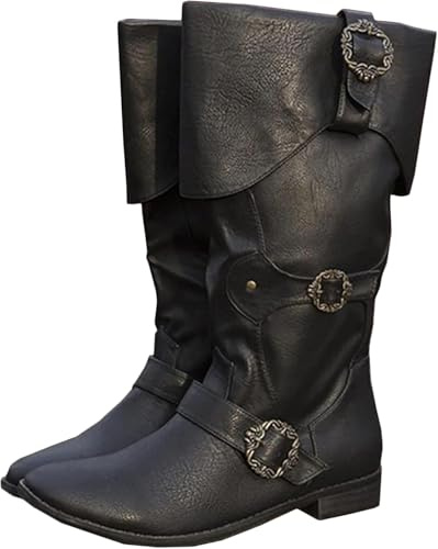Baitang Mittelalterliche Ritterstiefel für Erwachsene Cosplay - Retro Langschaft Leder Manschettenschuhe - PU Leder Stiefel Renaissance Plus Size Stiefel Schuhe mit Gürtelschnalle,Schwarz,44