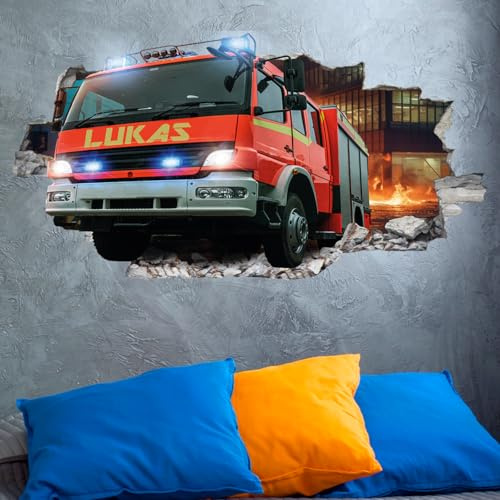 tjapalo® vz64 tjapalo® 3D Wandtattoo mit Namen Wandtattoo Feuerwehr Auto Wandaufkleber Wandtattoo Kinderzimmer junge Wandsticker Feuerwehr Kinder Deko Wandbild, Größen Name: B70xH37cm