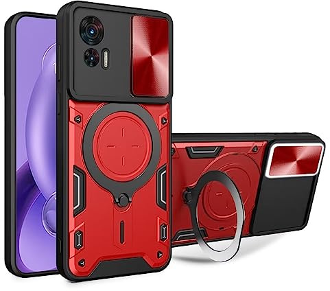 COMAKU Funda para Motorola Moto G84 5G, Militar TPU+PC Bumper Antigolpes Carcasa Rugged Caso, con Tapa Deslizante y Anillo Soporte - Rojo