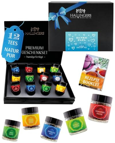 Hallingers Genuss Manufaktur Tee Vatertagsgeschenk-Set - 12 Sorten premium loser Tee Probierset in edler Geschenkbox mit Rezept-Booklet Danke Papa, Geschenkidee für Papa Opa