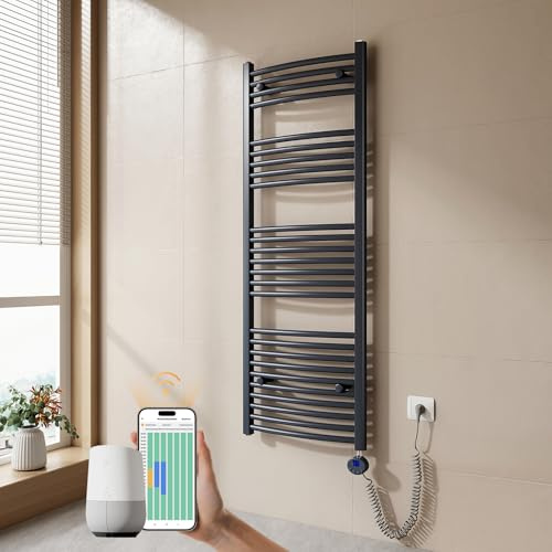 EMKE Scaldasalviette elettrico bagno,Curvo,140 x 50cm, 600W,Scaldasalviette con WIFI Termostato,Bianco,Radiatore da Bagno,Termoarredo Asciugamani da Bagno