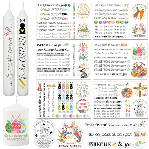 HOWAF Kerzentattoos Ostern Deko, Kerzen Tattoo Ostern Kerzentatoo Ostern, Osterhasen Ostereier Sprüche Lieblingsplatz Wasserschiebefolie Ostern DIY Kerzen Osterdeko, Ostergeschenke Ostern Geschenk