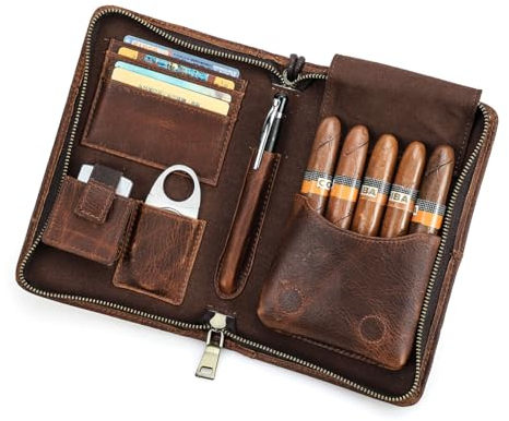 CONTACTS Tragbarer Reise Humidor für Zigarrenschneider,Lederetui Zigarrenkiste für 5 Zigarren(kein Zubehör),multifunktionaler Zigarrenzubehör-Organizer Braun Clutch Handytasche mit Handschlaufe