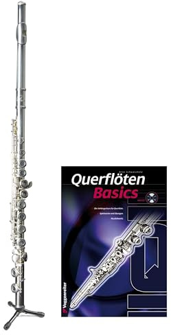 Monzani C-Querflöte Set, MZFL-133 mit geschlossenen Klappen, E-Mechanik, C-Fuß, inklusive Formcase, Stativ und Schulwerk, Ideal für Anfänger