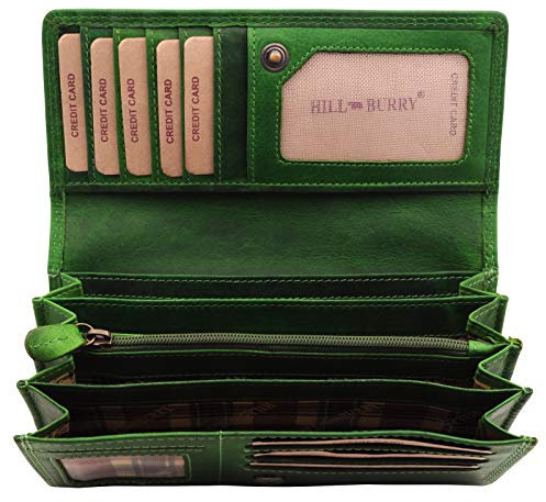 BelleBay HillBurry Damen Leder Geldbörse | RFID Portemonnaie aus weichem Echt-Leder | Lange Vintage Damenbörse | Frauen Geldbeutel Hochwertig (Grün)