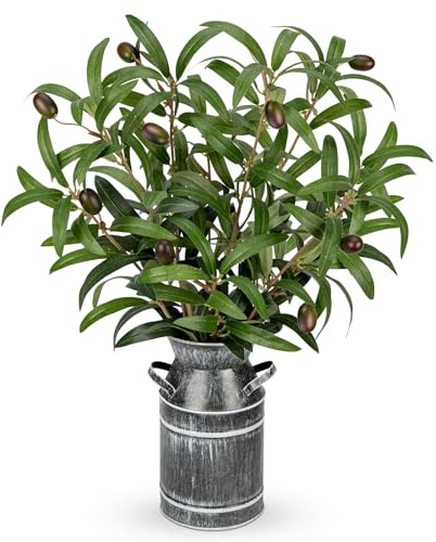 Oairse Ramas de olivo artificiales con jarrón de metal rústico de 48 cm, tallos realistas de vegetación sintética en maceta para el hogar, oficina, habitación, cocina, centro de mesa, decoración