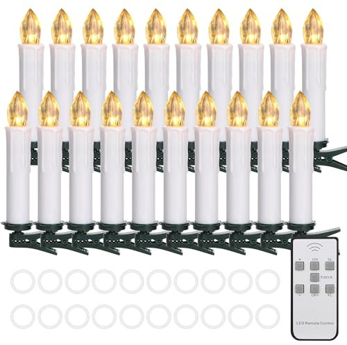 Cibnew Christbaumkerzen Kabellos Weihnachtskerzen Outdoor LED Kerzen mit Fernbedienung,Timer-Funktion Warmweiß Wasserdichte Dimmbar für Weihnachtsbaum,Geburtstags,Party(20er Weiß)