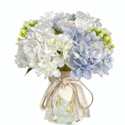 Bouquet d'hortensias artificiels dans un vase en verre, bouquet de fleurs artificielles en soie avec vase, décoration de table, bouquets de mariage, pour fête, bureau, ferme, cuisine, décoration