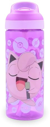HOX Pokemon JIGGLYPUFF Bouteille d'hydratation réutilisable sans BPA pour enfants avec boucle de transport intégrée, bec verseur rabattable et paille amovible – 600 ml, rose