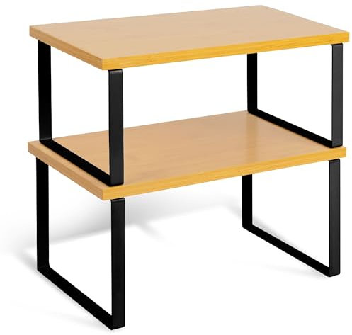 HEFTMAN Set di 2 mensole in legno e metallo per armadietti, salvaspazio, impilabili, per piano di lavoro, dispensa, portaspezie, portata 15 kg (naturale e nero)