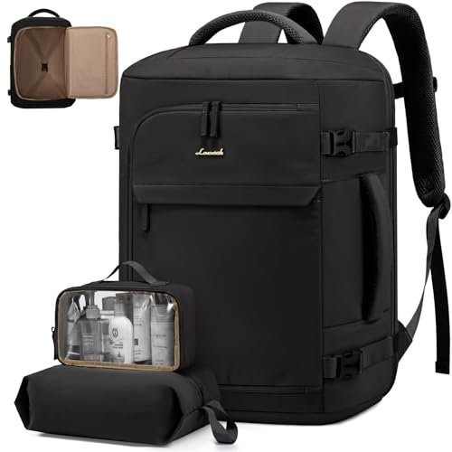 LOVEVOOK Reiserucksack Damen Herren, Handgepäck Rucksack Flugzeug, Travel Backpack Women, Laptop Rucksäcke 17 Zoll, Reisetasche für Reise Business Weekender Schule, Schwarz