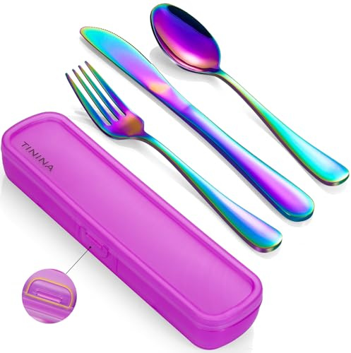 Camping Besteck, 4 Stück Edelstahl Reisebesteck mit Etui, Verstärktes Gehäuse mit Schnallen-Design, Campingbesteck für Outdoor, Reise, Arbeit, Schule, Spülmaschinenfest, Regenbogen