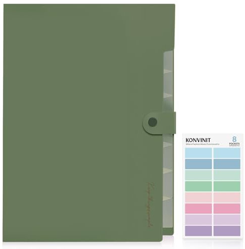 KONVINIT Dokumentenmappe - a4 Fächermappe Mappen Ordnersystem Große Kapazität Document Organizer mit 8 Tasche Sammelmappe mit Fächern mit Farbetiketten,Aesthetic Schulsachen,grün