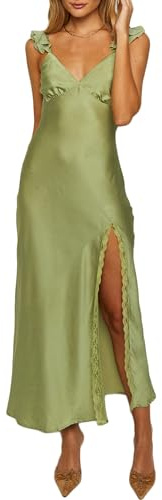 Summer Satin Lace Backless Spaghetti Strap Maxi Dress for Wedding Guest Silk Sleeveless V Neck Slit Ruffled Dress for Women Olive