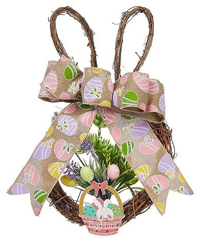 ZHDOKA Osterhasen-Kranz, Frühlingshasen-förmiger Künstlicher Rattan-Kranz mit Grünen Blättern und Schleife, Grüner Bunter Osterkranz für die Haustür für Sommerliche (34cm)
