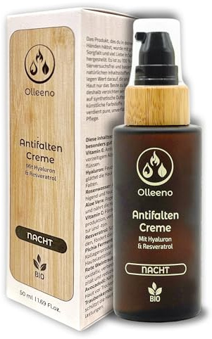 Olleeno® BIO Anti Falten creme 50 ml – Anti-Aging Naturkosmetik mit Hyaluron, Aloe Vera & Resveratrol. Nachtcreme, vegan, straffend, antioxidativ, regenerierende Feuchtigkeitscreme.