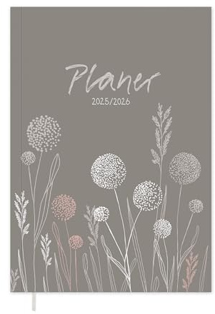 Eine der Guten Terminkalender A5 - Studienplaner 2025 2026, 18 Monate Wochenplaner & Notizbuch, Softcover Taschenkalender, Grau Beige Rosa mit Blumen, klimaneutral, FSC Papier