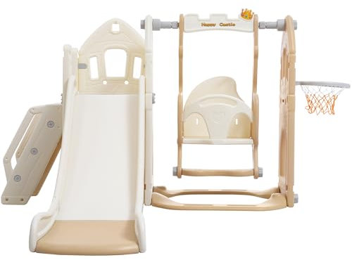 LARFOEK Set di scivolo e altalena per bambini, 5 in 1, con struttura per arrampicata, per cameretta dei bambini, scivolo per interni ed esterni, set di attrezzi lunghi per bambini (marrone + bianco)