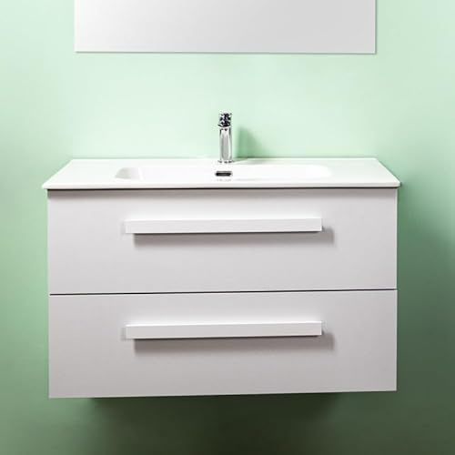 Yellowshop | Mobile Bagno Sospeso 100 cm LIRIO Cemento Bianco – 2 Cassetti Soft Close, Lavabo Ceramica, Design Moderno e Salvaspazio (Mobile con Lavabo)