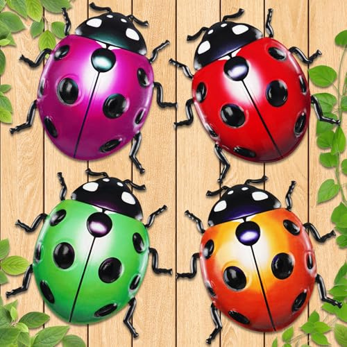 4 Pack Metal Wall Art Outdoor Decor, Giyiprpi 3D Colorful Outdoor Wall Art Fence Decorations for Patio and Yard, Wall Sculpture Hanging Decor for Garden Living Room Balcony (Ladybug)