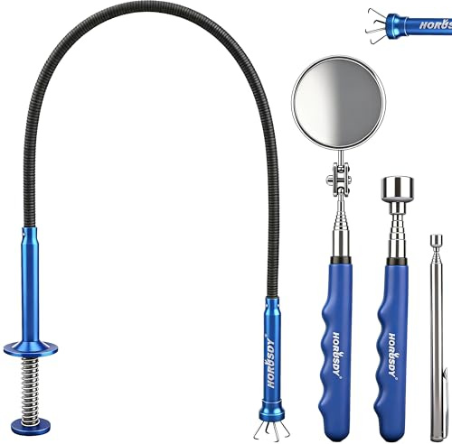 HORUSDY 4PCS Telescoping Magnetic Pick Up Tool Kit, Magnetic Sweepers Set with 360° Inspection Mirror, 2 Telescoping Magnetic Pickup Tools (5–25.6/6.9–29.5 in) & 24 in Flexible Claw Grabber