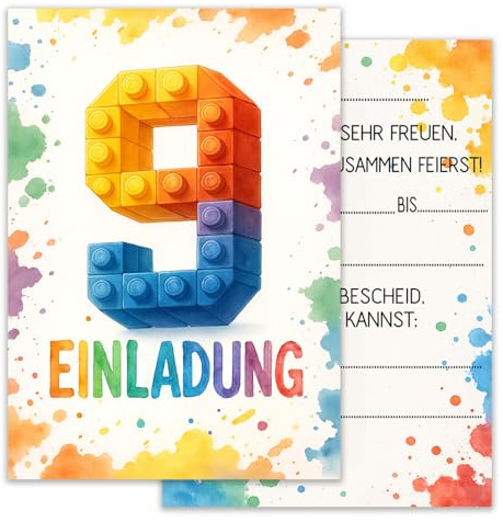 ZELAITE 12 Stück 9. Geburtstag Bausteine Einladungskarten, Baustein Einladungen Kindergeburtstag Mädchen und Junge, Blocks Einladungskarten inkl. 12 Briefumschlägen, Einladungskarten Kids (9)