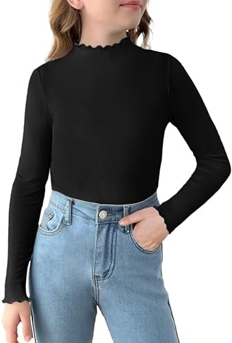 Arshiner Maglia A Maniche Lunghe per Bambina Maglione A Mezzo Collo Maglia Lavorata con Volant Tinta Unita Top per Bambini Magliette Basic Maglietta Intima Slim Fit 5-12 Anni