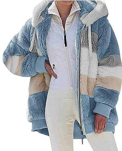 Livonmone Fleecejacke Hoodie Damen Kapuzenpullover Teddy-Fleece Warm Herbst Wintermantel Stilvoller ReißVerschluss Fellmantel PlüSchjacke Mit Taschen (Blau, XL)