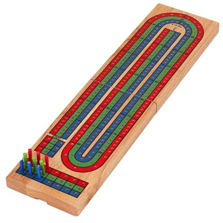 Hagmoo Traditional Wooden Cribbage Board Game, 3-Track Scoring Lanes, Colourful Family Game Set with Pegs