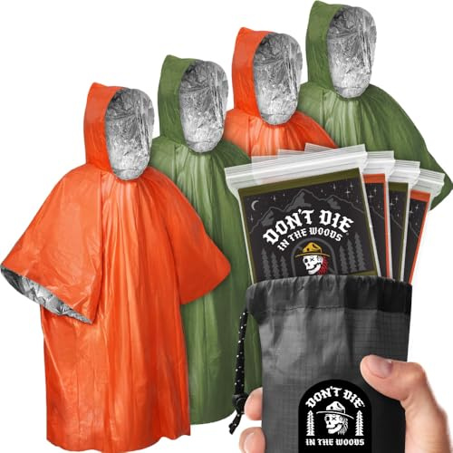 Don't Die In The Woods - Survival Poncho [4-Pack Starter Set] - Rain Protection + Heat Retention - Wearable Emergency Space Blanket For Hiking Camping Outdoor Gear (Green/Orange)