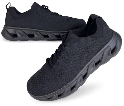 A&M Mens Lace-Up Trainers - Lightweight Breathable Walking Shoes with Cushioned Sole, Flexible Grip & Wedge Heel - Men Comfortable Fashion Sneakers for Sports, Work & Outdoor Wear | Black