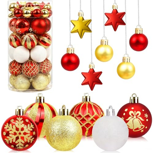40pcs Christmas Baubles Red Gold White, 3-5cm Xmas Balls Ornaments,Shatterproof Balls Hanging Decorations for Xmas Tree, Colored Christmas Tree Decorations Balls for Holiday Party,Pre-Hanged Strings