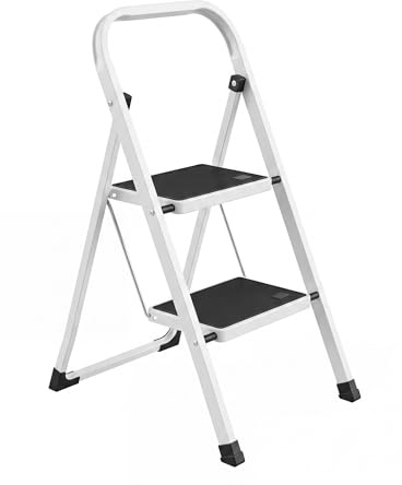 DAWNYIELD Escabeau Pliant 2 marches en Acier Robuste avec Main Courante | Marchepieds robustes à charge maximale 150kg avec marches antidérapantes, adapté pour maison, cuisine, garage, extérieurs