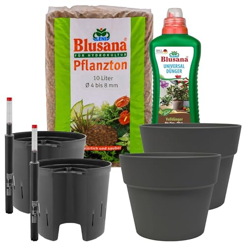 Leni Classic Hydrokultur Komplett-Set Ø 26 cm Höhe 22 cm 2er-Pack Anthrazit | Übertopf mit Pflanzton und Dünger, Blumentopf, Hydro-Bewässerungssystem mit Kulturtopf und Gießanzeige, für Zimmerpflanzen