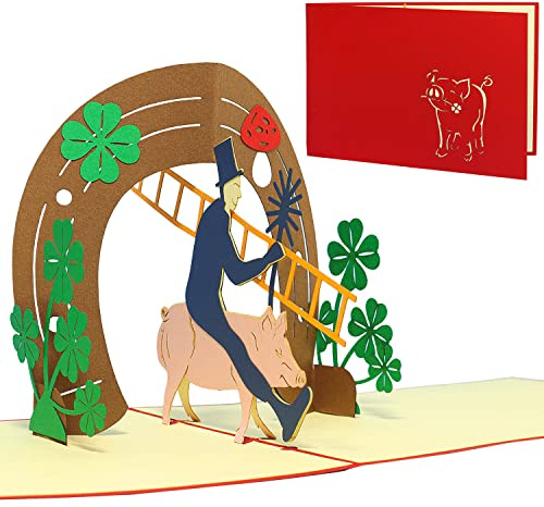 LINPOPUP®, LIN17495, POP UP Karten Glückbringer, Geburtstag, 3D Grußkarten, Geburtstagskarte, Viel Glück, Glücksschwein, Schornsteinfeger, N268