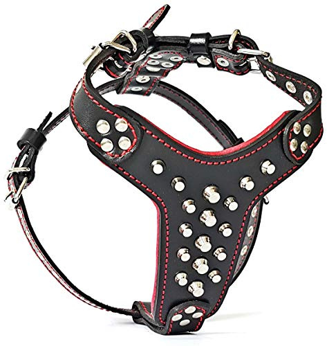 Bestia |Rocky| Leder Brustgeschirr für Bullterrier. 100% Leder. | Größe M- für einen Brustumfang von 50 cm bis 75 cm, für große und mittelgroße Hunde, Schwarz / Rot