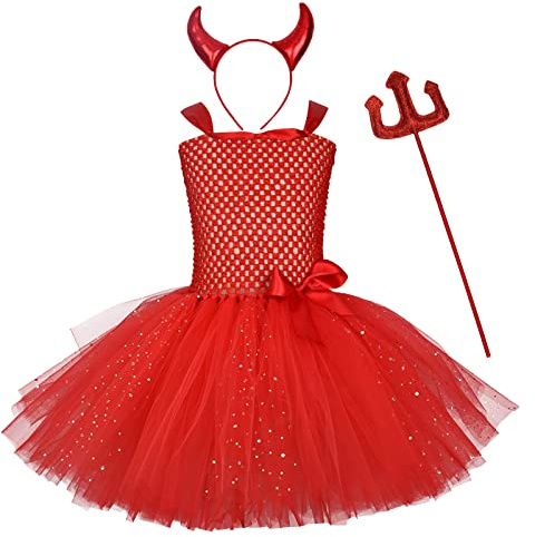 IBTOM CASTLE Kids Baby Girls Angel and Devil Costumes Halloween Christmas Carnival Fancy Dress Up Tutu Dress+Horn Headband+Pitchfork Valentine's Day Cupid Fairy Outfit Red 3pcs 9-10 Years