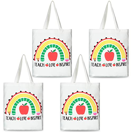 4 Packungen LehrerLeinenTragetaschen, Teach Love Inspire Teacher Appreciation Gifts Regenbogen Teacher Tote Wiederverwendbare Lehrer Essentials Lehrer Taschen Back to School Supplies for Women